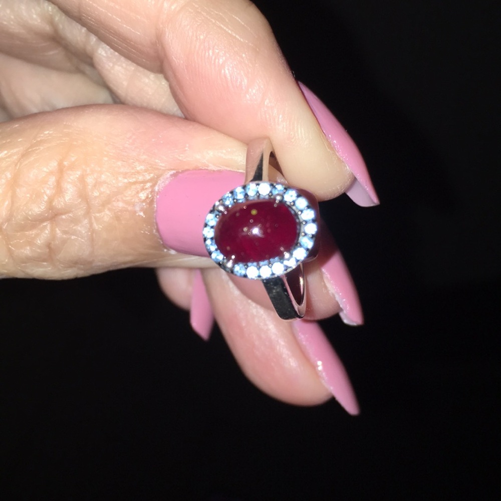 Ruby and aqua marine. 925 platinum Rodium